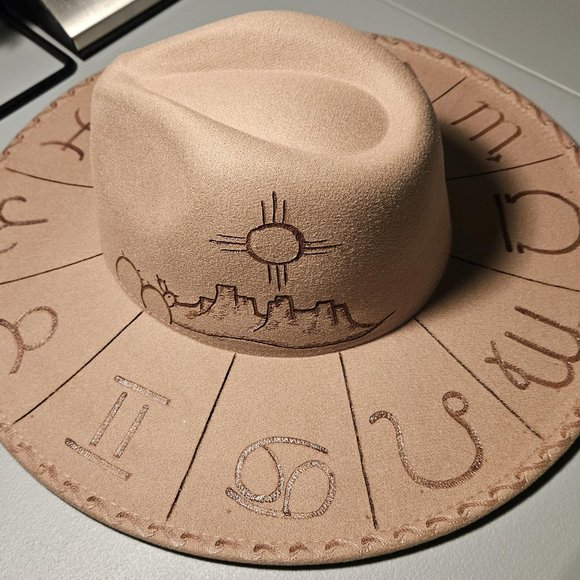 Desert Zodiac Custom Burned Wide Brim Hand Pyrography Fedora ?